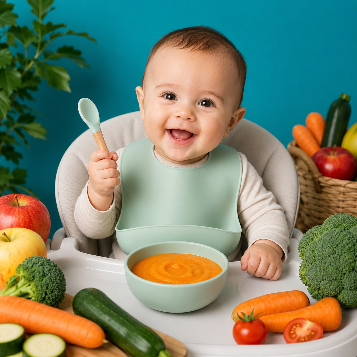 Bebê sorrindo se alimentando no cadeirão