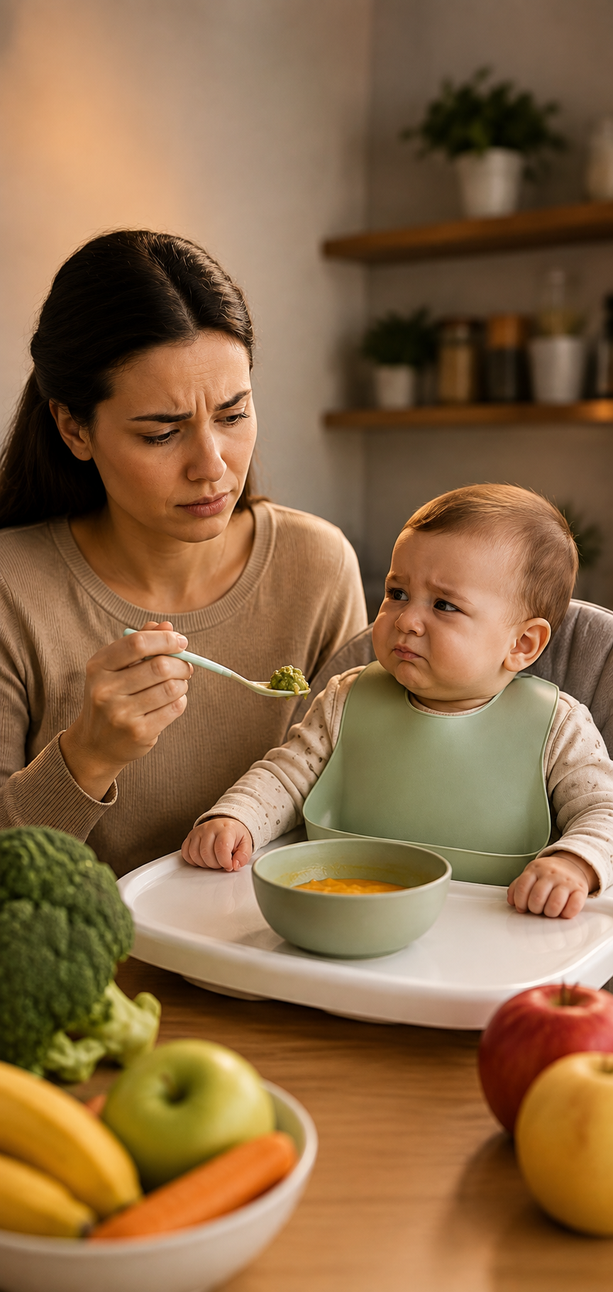 Mãe preocupada tentando alimentar bebê que recusa a comida